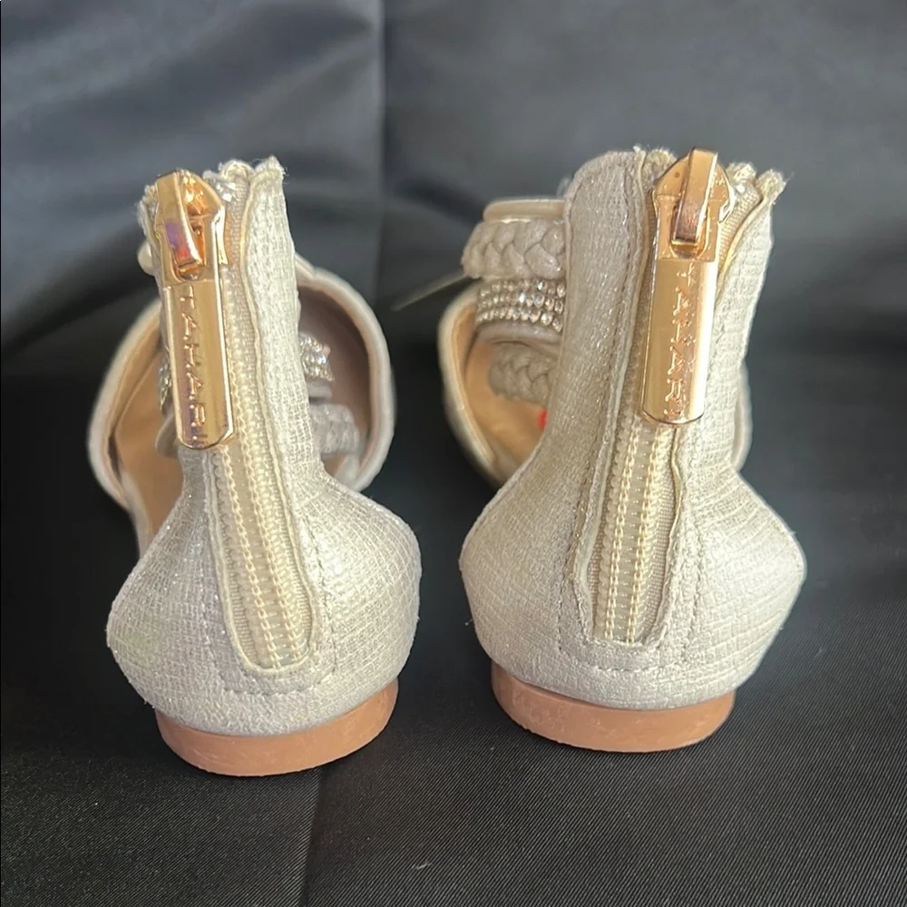 Tahari Cream and Gold Dress Shoes with Woven Ankle Strap